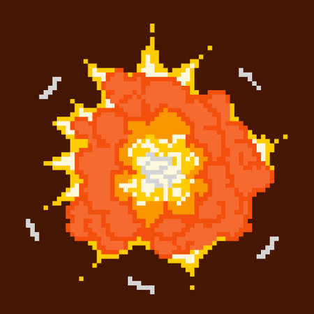 Powerful fiery pixel explosion. Red burst of energy with yellow fire detonation and glowing blazing vector sparks.のイラスト素材