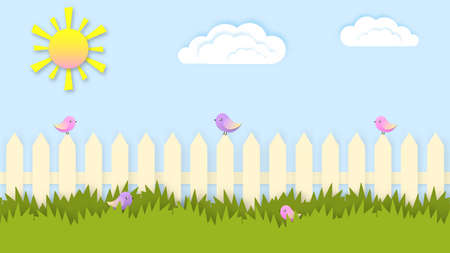 Rustic fence with birds and green grass illustration. Summer paper cut rural landscape with white picket fence and sparrows sitting and in bushes yellow gradient sun floating vector clouds.のイラスト素材