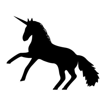 Attacking unicorn silhouette. Black mythical wild horse with magic horn standing on hind legs and ready for sharp vector blow.のイラスト素材