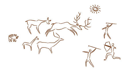 Prehistoric people hunt deer cave paintings. Primitive hunters with bows arrows in light sun and with help dog drive horned vector animals.のイラスト素材