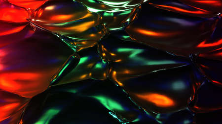 Tracery waves night neon background. Green 3d render flash orange abstract futuristic liquid with...