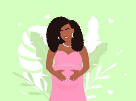 Happy pregnant african american woman. Beautiful smiling girl in pink dress and magnificent hairstyle holds her belly. Motherhood anticipation of long awaited vector babyのイラスト素材