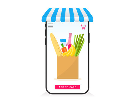 Online shopping products in web application template. Smartphone with canopy and package selected food on screen. Supermarket web order with fast vector deliveryのイラスト素材