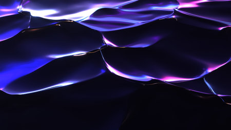 Dark waves neon with flares of night city surface. Glow purple water 3d render splashes with blue...