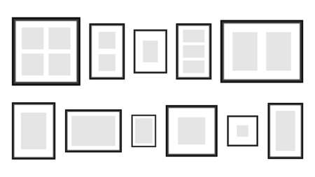 Black photo frames in various sizes template. Blank rectangular vertical banner with empty gray center. Realistic design for picture and promotional vector imageのイラスト素材