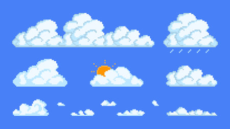 Pixel cloud varieties. White fluffy clusters with rain and peeping sun. Climate pixel design on blue surface. Cumulus and cirrus elements with vector layeredのイラスト素材