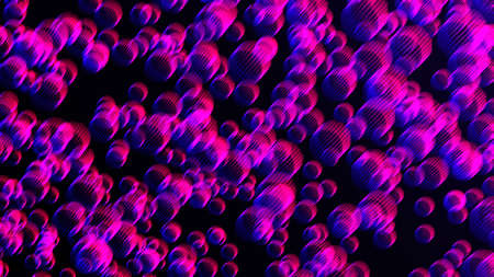 Distorted stream of neon bubbles on dark background. Blurry 3d render of glitch gradient in fast...