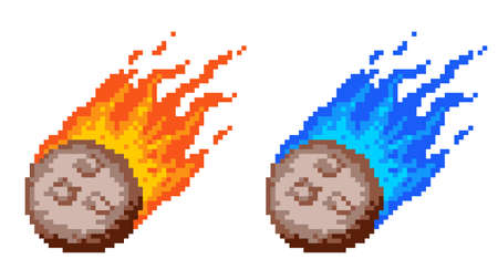 Falling pixel asteroid in flames. Fiery meteorite blazing with glowing red and blue plasma fire core after powerful explosion with vector 8 bit sparksのイラスト素材