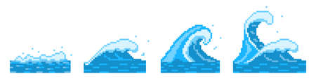 Pixelated sea and ocean waves. Blue tidal currents and powerful tsunami ridges. Stormy water shafts with process of spawning from small to waves of vector monstersのイラスト素材