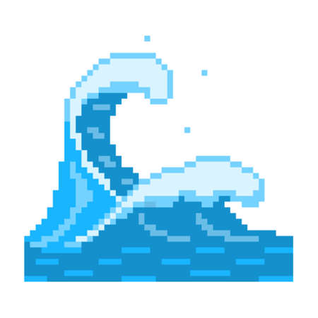 Storm pixel wave. Oceanic tsunami with huge blue ridges and white foam. Powerful tidal current with hurricane wavesのイラスト素材
