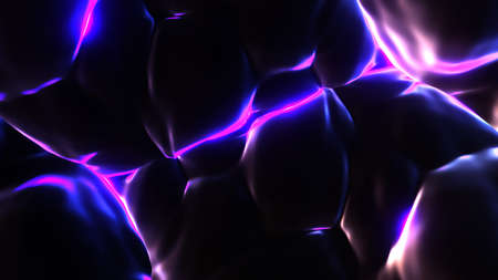 Dark clouds with neon lightning background. Futuristic storm storm with 3d render of purple bright...