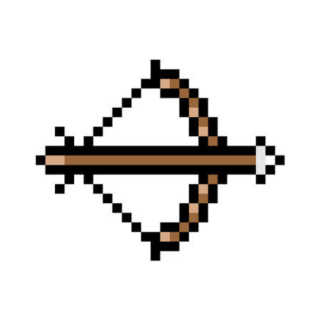 Pixel bow with arrow icon. Combat pixelated weapons prepared for shooting. Gaming 8bit vector interface symbolのイラスト素材