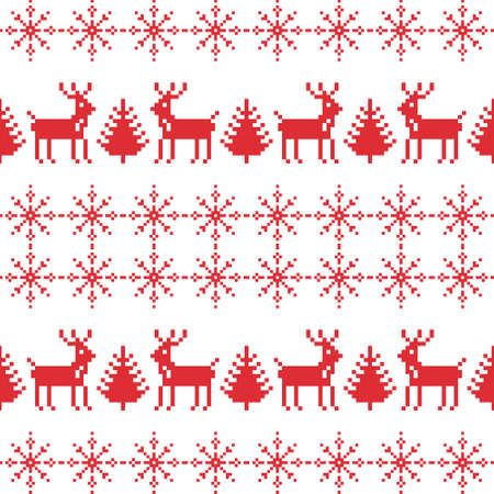 Red christmas ornament pixel seamless pattern. Pixelated deer near new years trees. Celebration trendy embroidery with snowflakes in scandinavian vector style.のイラスト素材
