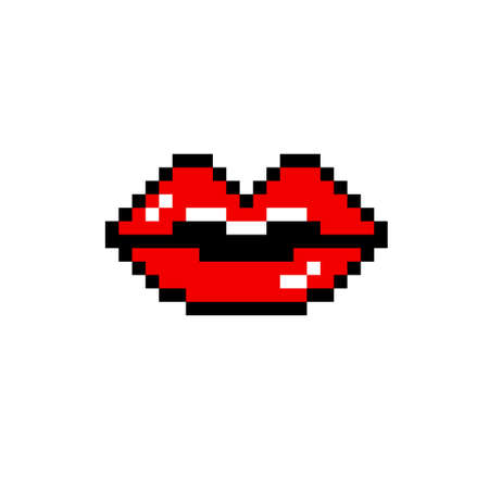 Red pixel lips. Passionate kiss with in game 8bit glamor. Beautiful trendy makeup with creative vector designのイラスト素材