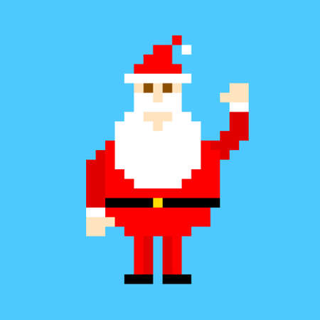 Pixel santa claus waving hand. Joyful holiday character in red outfit wishes everyone merry christmas. Happy new year vector greetingsのイラスト素材