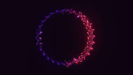 Neon crystal round frame template. Colorful frozen 3d render crystals on futuristic hoop. Abstract...