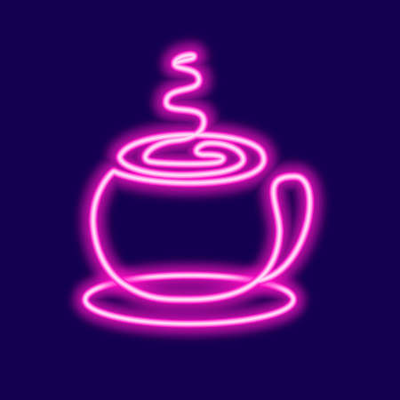 One line drawn neon cup with coffee. Purple abstract silhouette of steaming hot espresso with froth on a saucer. Night bar signboard, vector cafe.のイラスト素材
