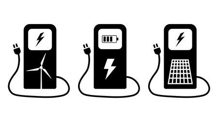 Eco charging on natural energy. Power plants for wind and solar energy. Alternative renewable natural resource of infinite capacity. Safe generators not polluting vector planetのイラスト素材