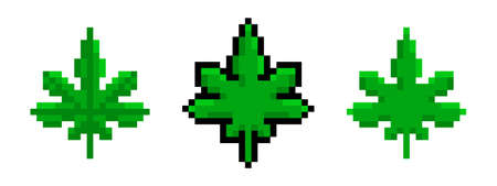Pixel green hemp leaves set. Pixelated marijuana with narcotic relaxing effect natural ganja with medicinal vector effectのイラスト素材
