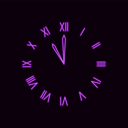 Purple clock with roman numerals. Neon luminous dial in antique style with laser illumination. Colorful chronometer in night retro synthwave vector design.のイラスト素材