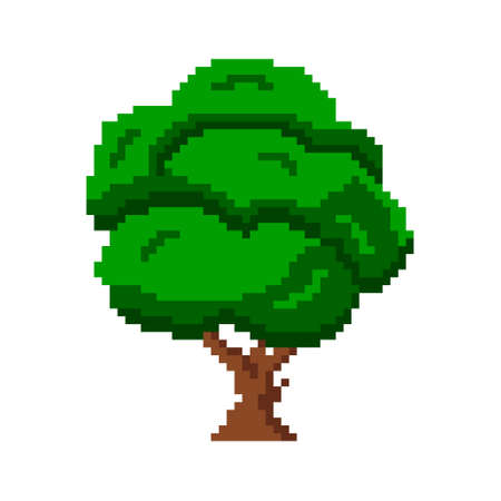 Old pixelated maple with dense crown. Green big tree with green semicircular geometric branches and beautiful vector foliage.のイラスト素材