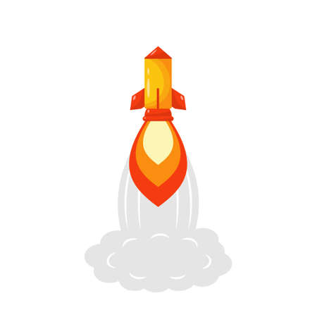 Soaring ballistic missile. Rocket with fire and smoke takes off from launch pad. Intercontinental missile with nuclear warhead with vector guidance systemのイラスト素材