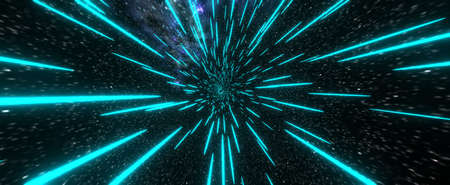 Space tunnel hyperjump background. Futuristic acceleration with 3d render of neon blue warp jump...