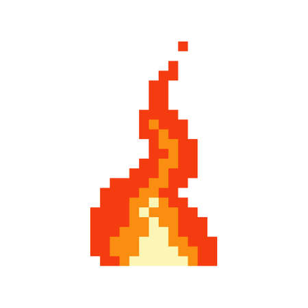 Pixel burning fire icon. Flaming bonfire with glowing yellow core red flame after powerful explosion with flying vector sparks.のイラスト素材