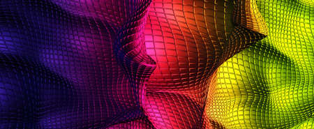 Swirling colorful cyberwaves with mesh. Curvy purple textures with 3d render green gradient. Mesh...