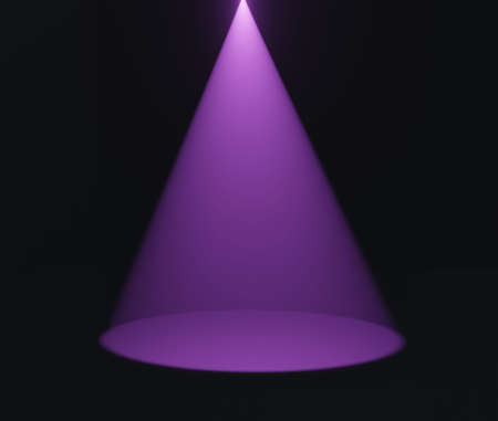 Purple light cone spotlight template. Cone of neon lamp 3d render illuminates round empty area. Decoration of solemn interior and presentationの写真素材