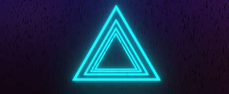 Neon glowing triangle in rain. Abstract pyramid with laser illumination and 3d render with gradient space and falling black drops. Futuristic synthwave portal with digital techno glowの写真素材