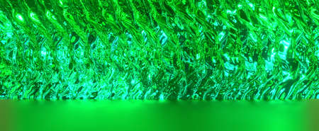 Green wall of crystal abstract waves. Colorful glass thickets with 3d render futuristic natural lines drawing. Decorative barrier made of twisting stripes with bright distortion and reflectionの写真素材