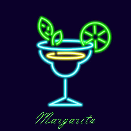 neon margarita cocktail. Long drink drink in luminous glass with slice of green lime and mint. Abstract refreshing sour with classic nice vector flavorのイラスト素材
