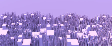 Abstract computing and loading digital data. Blocks and line jumps 3d render of information in cyber space. Wavy changes in engineering power and futuristic metropolis with skyscrapers of futureの写真素材