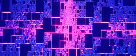 Futuristic digital circuit board with neon glow. Abstract motherboard with blue cpu 3d render and...
