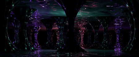 Futuristic neon cave with ancient columns. Fantasy underground alley flooded with 3d render water with purple glow. Old trees prop up stone ceiling of hall with reflections green wavesの写真素材