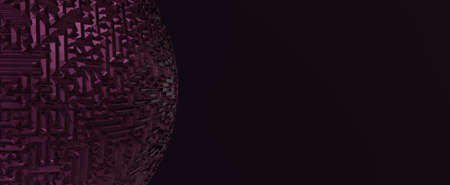 Techno crystal sphere dark background. Purple futuristic planet moving in 3d render black space...