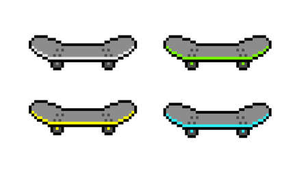 Pixel skateboards. Sports skateboard for fun and extreme sports. Active skateboarding in city and in nature with 8bit resolution for vector gameのイラスト素材