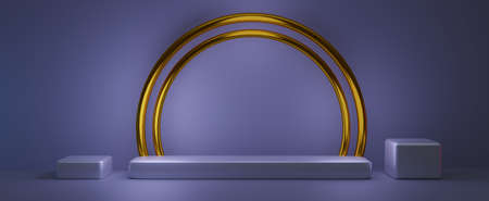 Rectangular podium with golden circles. Empty pedestal for 3d render presentation in soft blue color and yellow semicircular frames. Elegant realistic scene with creative geometric decorationsの写真素材