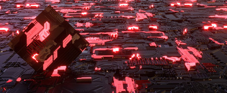 Futuristic electronic glowing circuit board. Cyber art of motherboard with 3d render of red backlight and floppy chip inserted. Techno processing of huge array of data with connection to networkの写真素材