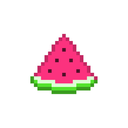 Slice of red pixelated watermelon with seeds. Ripe juicy fruit with green rind. Sliced sweet berry for design and 8bit vector gameのイラスト素材