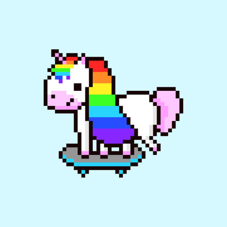 Pixel unicorn on skateboard. Cute mythical animal with rainbow mane rides around happily. Cartoon cheerful character for childrens screensavers and 8bit vector gamesのイラスト素材