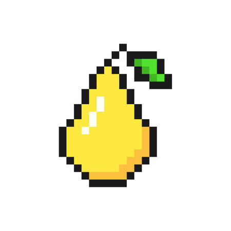 Yellow pixel pearl. Sweet vitamin fruit with green leaf fresh tasty dessert with rich flavor and color for 8bit vector game designのイラスト素材
