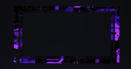 Digital techno frame with distortion. Dark purple rectangular panel with 3d render electronic edging...