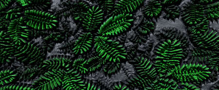 Petrified leaves on techno background. Prehistoric green ferns imprinted in 3d render futuristic stone. Fantastic old plants on in ancient traceryの写真素材
