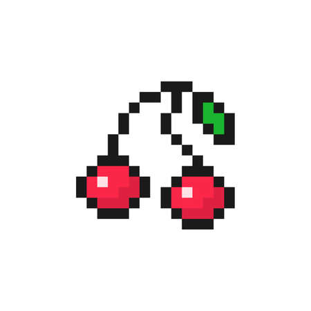 Red cherries pixel on black branch. Sweetly sour two berries with green leaf. Ripe fruit for dessert and 8bit vector game designのイラスト素材