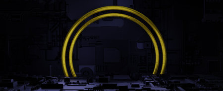 Golden cyber frame circles on electronic circuit board template. Digital yellow semicircular lines on 3d render of dark motherboard with processors and chips. Elegant scene with geometric decorationsの写真素材