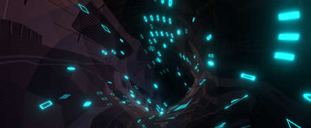 Techno tunnel funnel with cyber backlight. Neon glowing abstract wormhole in 3d render digital blue...