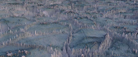 Snowy desert with ice stalactites background. Futuristic tundra covered with 3d render snow and...