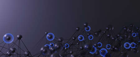 Abstract molecules with geometric connections background. Round futuristic balls with 3d render blue and dark shell and black connection lines. Change in atomic structure of dna and rnaの写真素材